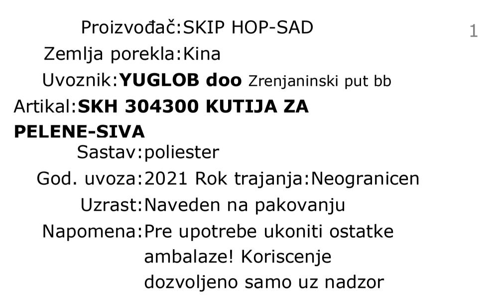 Skip Hop višenamenska korpa za pelene 304300 deklaracija